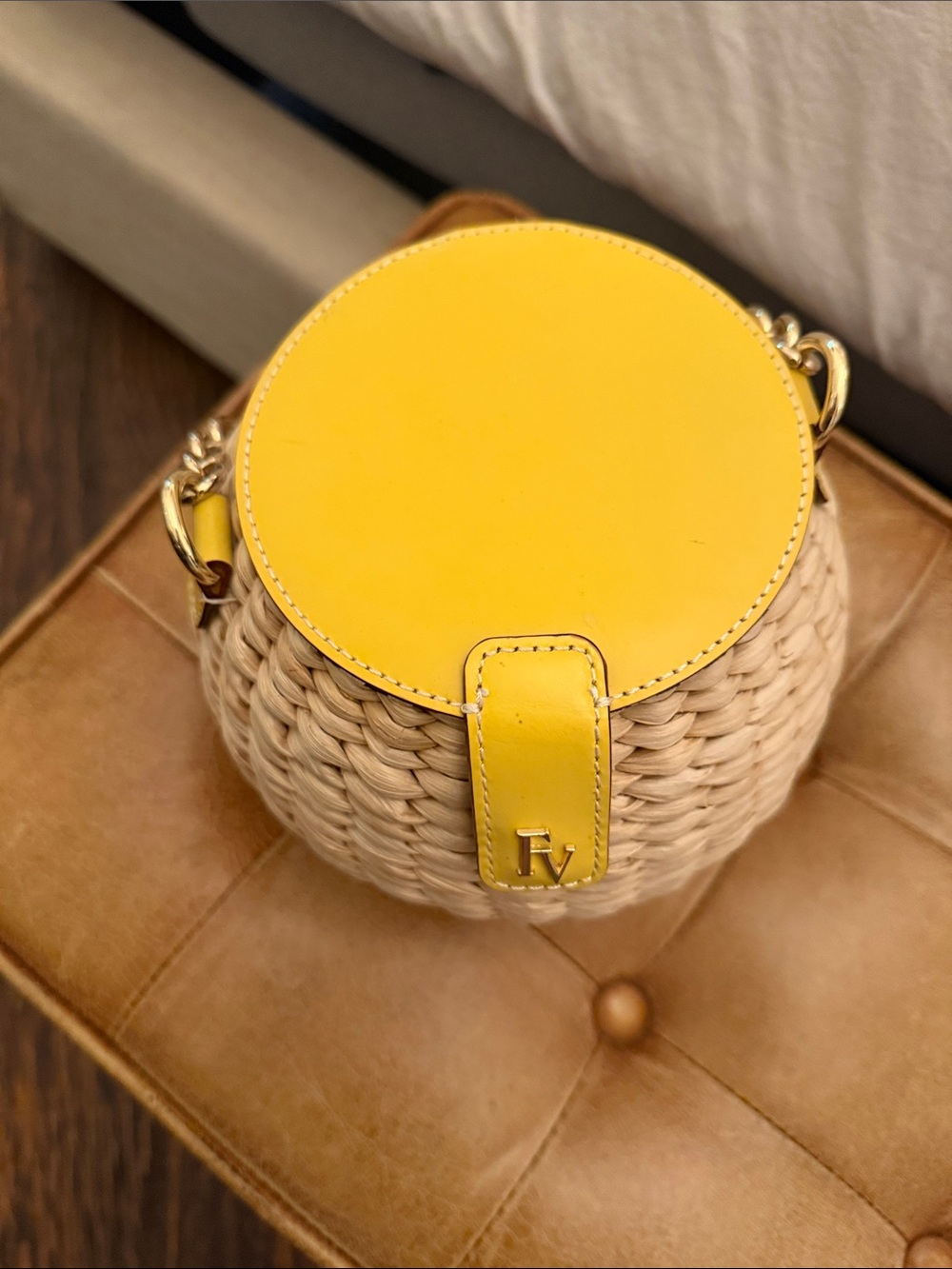 Frances Valentine light tan Woven Basket Bag with Yellow Leather Top - Picture 2 of 4